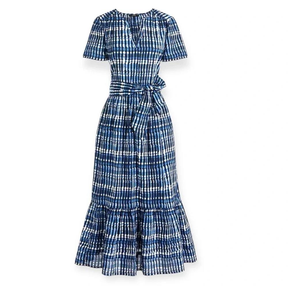 J.Crew Midi Dress Womens 6 Blue Abstract Stripe V-Neck Tie Waist Tiered Cotton